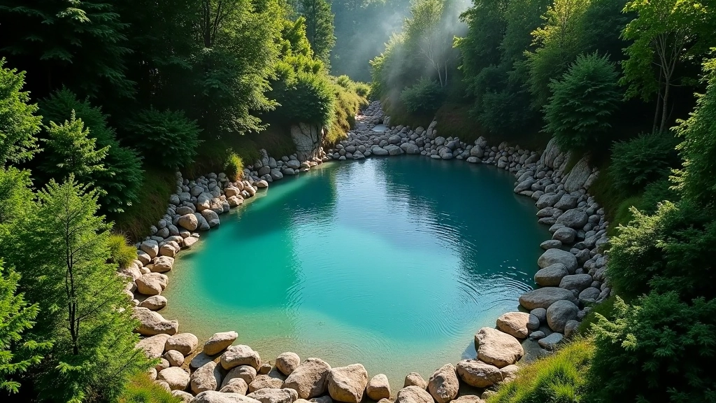 Aerial view of a natural thermal bath surrounded by lush green vegetation and rocky formations, showing the natural setting of a mineral spring resort