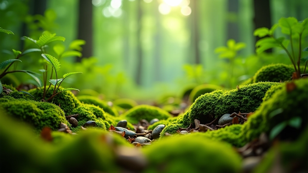 Close-up of forest floor with moss, ferns, and natural organic textures in woodland environment