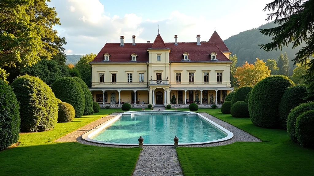 Historic spa building with stone architecture surrounded by lush green gardens and thermal spring waters