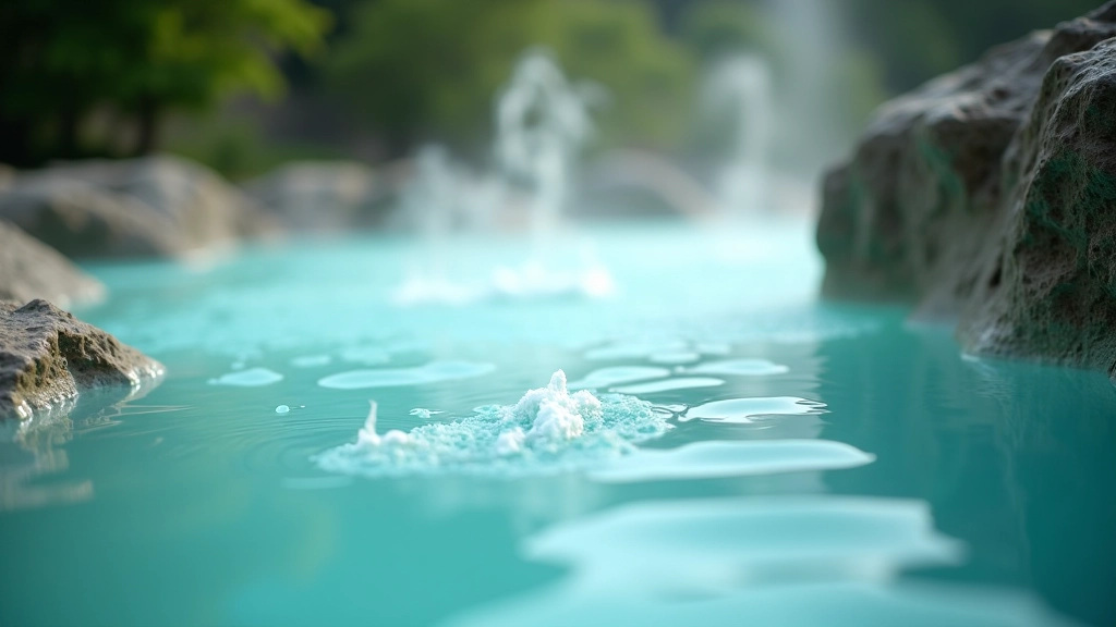 Close-up view of mineral-rich thermal water with natural steam rising, showing the clear turquoise color characteristic of mineral springs