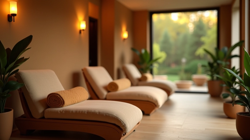Serene spa lounge interior with soft lighting, comfortable seating, warm earth tones, plants in background, peaceful atmosphere