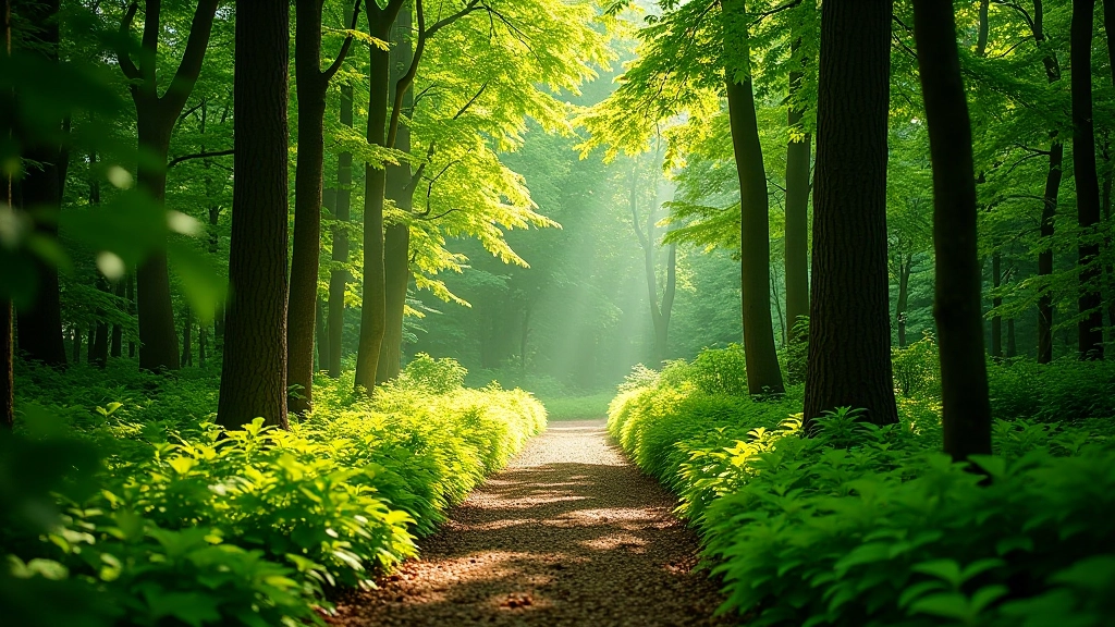 Forest path through dense Czech woodland with natural sunlight filtering through trees and greenery