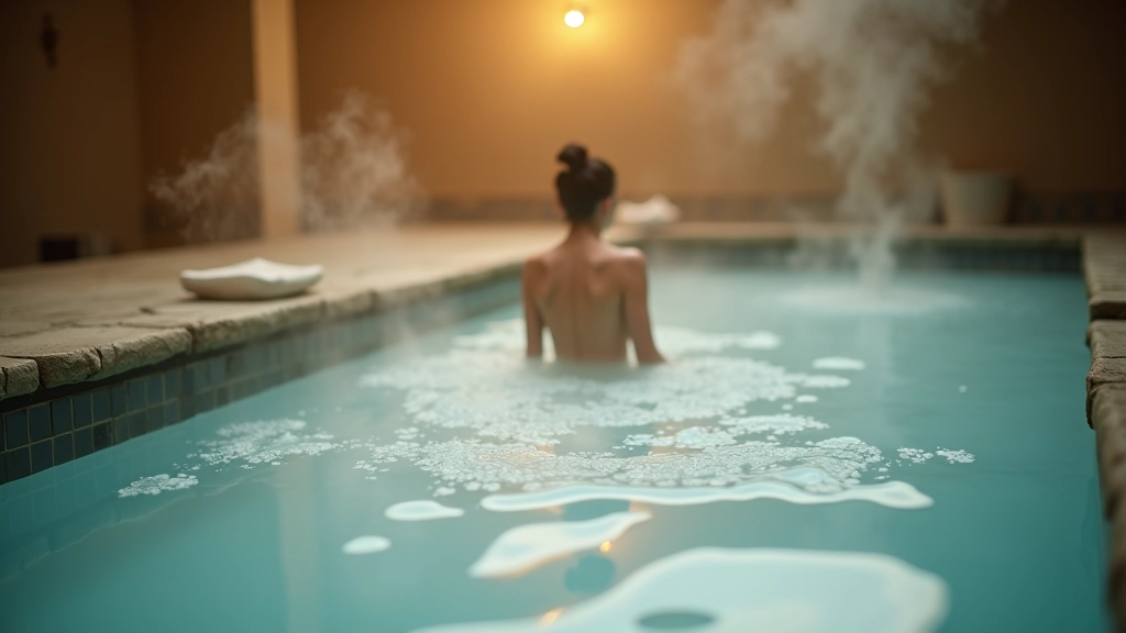 Natural thermal mineral bath with steaming water and mineral deposits