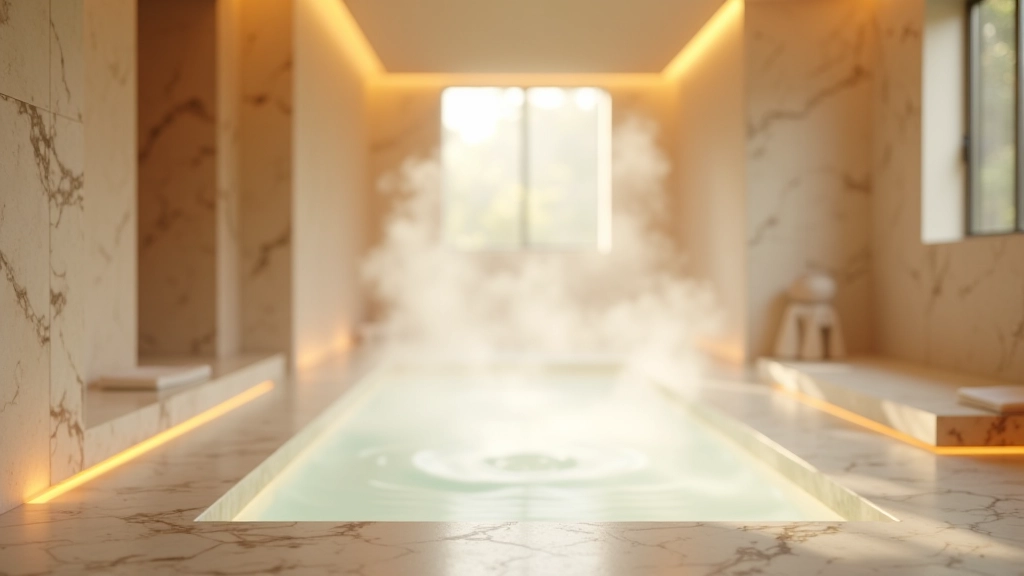 Modern spa facility showing pristine inhalation chamber with clean marble surfaces and gentle mineral vapor rising throughout the therapeutic space