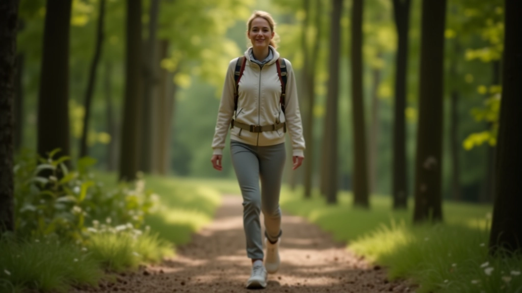 Woman in hiking attire walking peacefully on forest trail, natural lighting, surrounded by trees