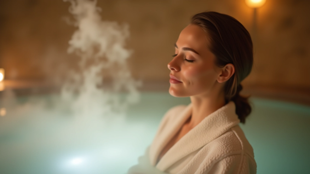 Person relaxing in a warm mineral bath with steam rising, showing the therapeutic and peaceful nature of thermal water bathing