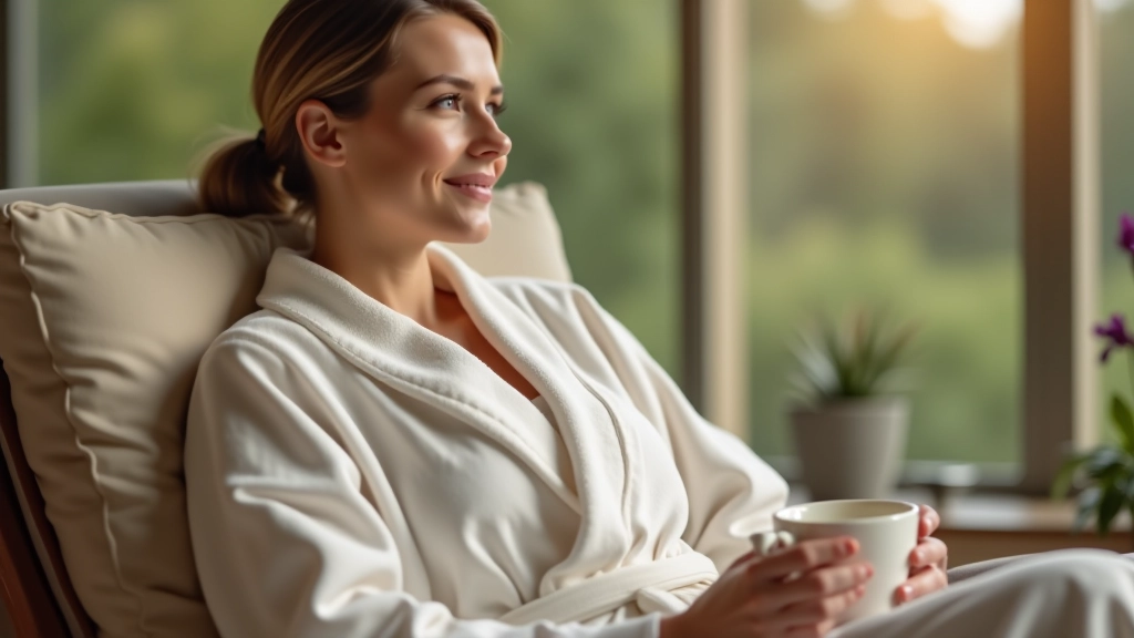 Woman in spa robe relaxing in lounge chair, holding warm beverage, natural light from windows, peaceful expression